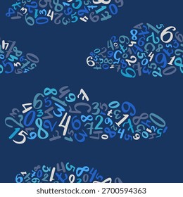 O padrão da teoria matemática apresenta nuvens de números brancos manuscritas em fundo azul escuro ideal para slides de apresentação e organizadores de alunos