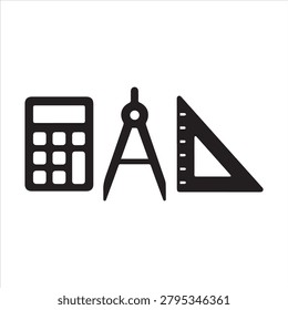 Mathematical tools icon set featuring calculator, compass, and ruler.
