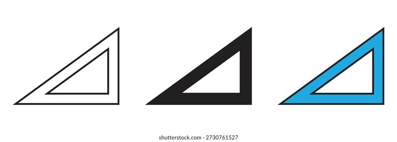 Iconos matemáticos de la Regla del triángulo para el dibujo técnico, la educación escolar, la medida arquitectónica, y proyectos del diseño de la ingeniería de la precisión en tres estilos distintos.