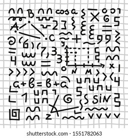 Mathematical, trigonometric formulas, symbols, schemes Vector hand drawn education