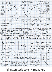 Mathematical trigonometry algebra formulas on  exercise book page,  vector background