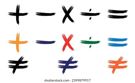 Mathematische Vektorbürsten symbolisieren plus, minus, Multiplikation, gleich nicht gleiches Symbol und Teilung. wissenschaftliche Ressourcen für Lehrer und Studenten.