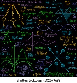 Mathematical vector educational seamless pattern with multicolored formulas, equations and calculations