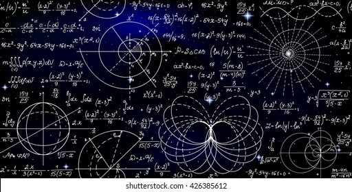 Mathematical vector endless seamless pattern with formulas, figures and calculations handwritten on the background of stars. Scientific space endless texture