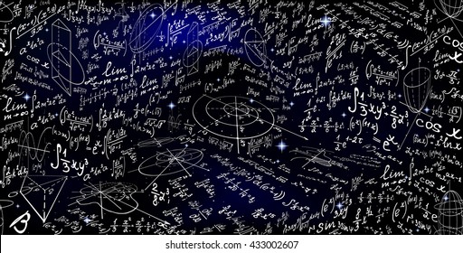 Mathematical vector endless seamless pattern with formulas, figures and calculations handwritten on the background of stars. Scientific space endless texture