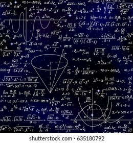 Mathematical vector endless seamless pattern with formulas, figures and calculations handwritten on the background of stars. Scientific space endless texture