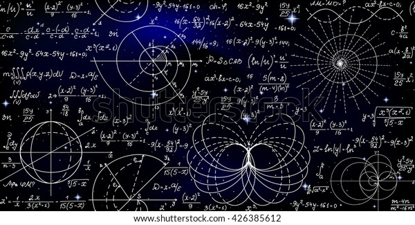 星の背景に手書きの数式 図 計算を含む数学的な無限のシームレスなパターン 科学空間の無限のテクスチャー のベクター画像素材 ロイヤリティフリー