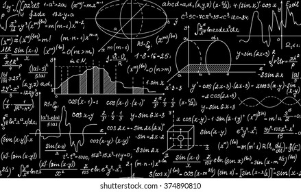 Mathematical vector endless seamless texture with plots and formulas, calculations, equations and task solutions. Technical educational vector seamless pattern. You can use any color of background