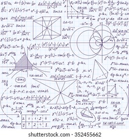 Mathematical vector endless texture with formulas, calculations, plots, "handwritten with blue ink on a grid copybook paper". Mathematical educational seamless pattern