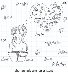 Mathematical vector illustration with pretty young girl dreaming about fashion things at math lesson