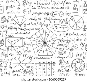 Mathematical vector seamless  background with formulas, plots and equations, handwritten on white paper