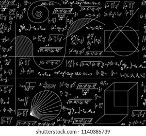 Mathematische Vektorillustration nahtloser Hintergrund mit handgeschriebenen Formeln auf Schultafel