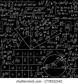 Mathematical vector seamless background with formulas, figures and equations, handwritten with chalk on school blackboard