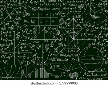 Mathematical vector seamless background with formulas, figures and equations, handwritten with chalk on green school blackboard