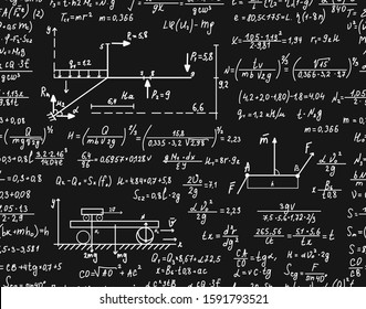 Mathematical vector seamless background with hand-written formulas, and drawings, and equations, and calculations, and shapes