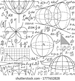 Mathematical vector seamless background with  handwritten formulas, figures and equations