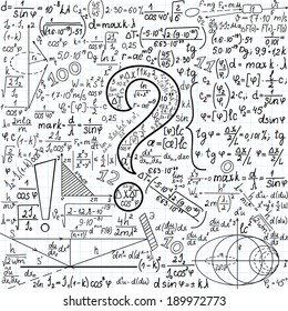 Mathematical vector seamless background with question mark and task solutions, "handwritten on the copybook paper"