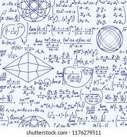 Mathematical vector seamless endless texture with formulas, figures and equations, handwritten with pen on school grid copybook paper