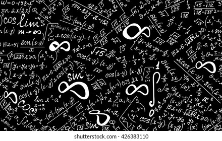 Mathematical vector seamless endless texture with infinity signs and other formulas and equations. Endless math texture