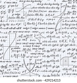 Mathematical vector seamless pattern background with formulas, equations and figures, handwritten in a notebook