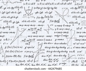Mathematical vector seamless pattern background with formulas, equations and figures, handwritten in a squared sheet of notebook