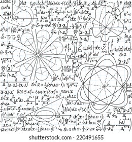 Mathematical vector seamless pattern with figures, formulas and equations, "handwritten on the copybook paper". You can use any color of background