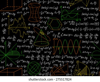 Mathematical vector seamless pattern with figures, formulas and other calculations, "handwritten on the copybook paper", different colors. Endless math texture. You can use any color of background