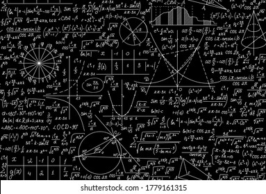 Mathematical vector seamless pattern with formulas, figures and equations, handwritten with chalk on school blackboard