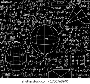 Mathematical vector seamless pattern with formulas, figures and equations, handwritten with chalk on school blackboard