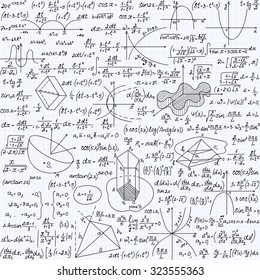Mathematical vector seamless pattern with formulas, plots and equations, handwritten texture on a copybook paper sheet