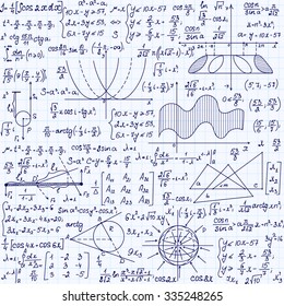 Mathematical vector seamless pattern with formulas, plots, task solutions, "handwritten on a copybook paper"