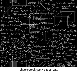 Mathematical vector seamless pattern with formulas, plots, functions, equations and algebraic and geometric figures