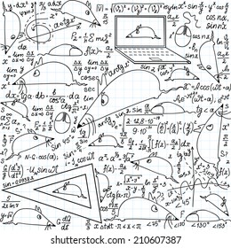 Mathematical vector seamless pattern with funny mice and trigonometry formulas handwritten on the copybook paper