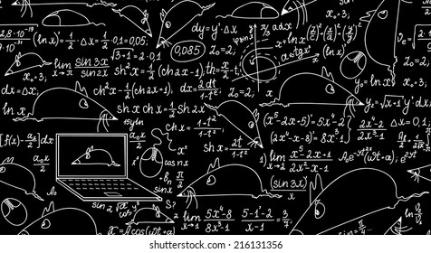Mathematical vector seamless pattern with funny mice and trigonometry formulas