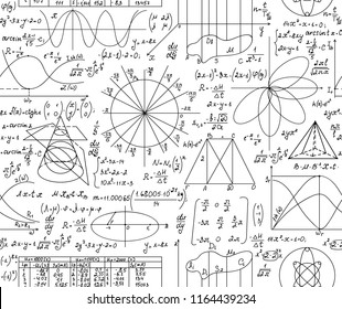 Mathematical vector seamless pattern with geometrical figures and formulas, "handwritten on a white paper". Math endless texture