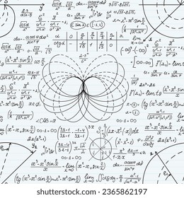 Mathematical vector seamless pattern with geometrical figures and formulas, "handwritten on a grid copybook paper". Math endless texture