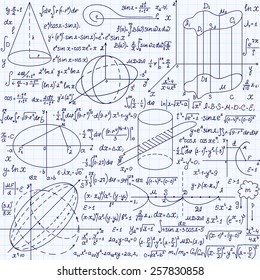 Mathematical vector seamless pattern with geometrical figures and formulas, "handwritten on a grid copybook paper". Endless texture. 