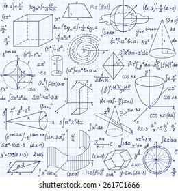 Mathematical vector seamless pattern with geometrical figures, plots and equations, "handwritten on the grid copybook paper". Endless math texture 