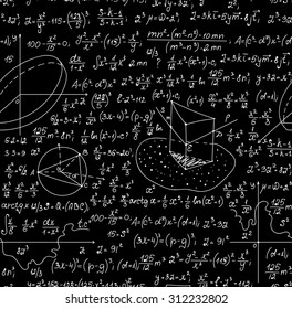 Mathematical vector seamless pattern with geometrical figures, plots, formulas, other mathematical calculations. You can use any color of background