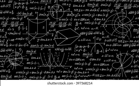 Mathematical vector seamless pattern with geometrical plots, formulas and calculations. Endless texture. You can use any color of background