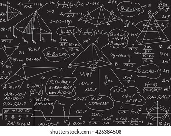 Mathematical vector seamless pattern with geometrical figures, equations, formulas, handwritten with chalk on a grey blackboard