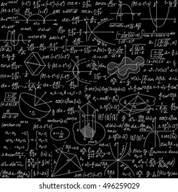 Mathematical vector seamless pattern with geometrical figures, plots and equations, handwritten with chalk on a blackboard