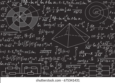 Mathematical vector seamless pattern with geometrical figures, formulas, equations, handwritten on a grey blackboard. Endless scientific texture