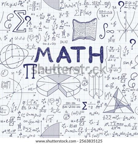 Mathematical vector seamless pattern with geometrical figures and formulas and handwritten word 'Math' on a grid copybook paper