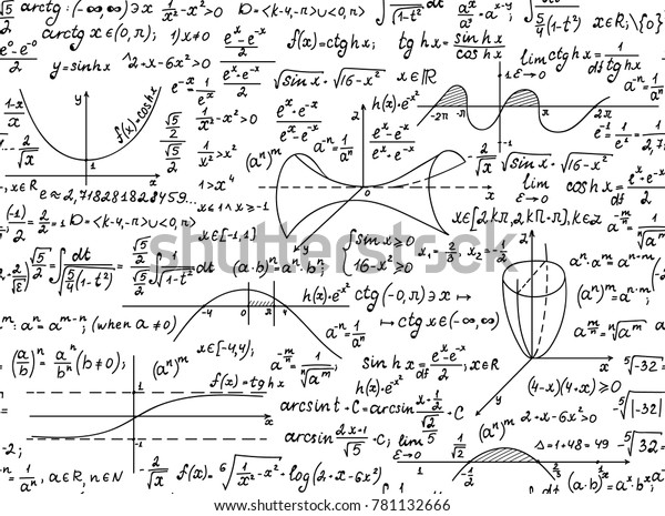 数学矢量无缝图案与几何图形和公式 手写在网格版案纸 数学无尽的纹理库存矢量图 免版税