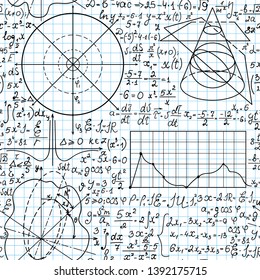 Mathematical vector seamless pattern with handwritten algebra formulas on a grid copybook background