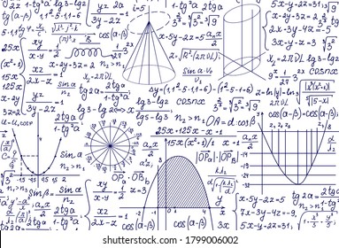 Mathematical vector seamless pattern with handwritten math formulas, calculations, equations. You can use any color of background