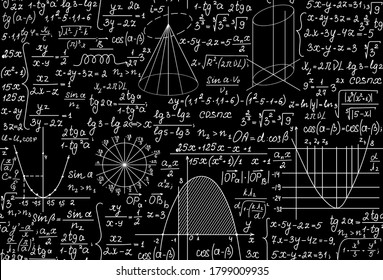 Mathematical vector seamless pattern with handwritten math formulas, calculations, equations. You can use any color of background