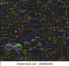 Mathematical vector seamless pattern with handwritten multicolored formulas, figures, equations