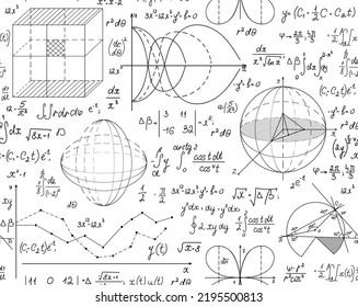 Mathematical vector seamless pattern with handwritten scientific formulas, figures, plots on white paper